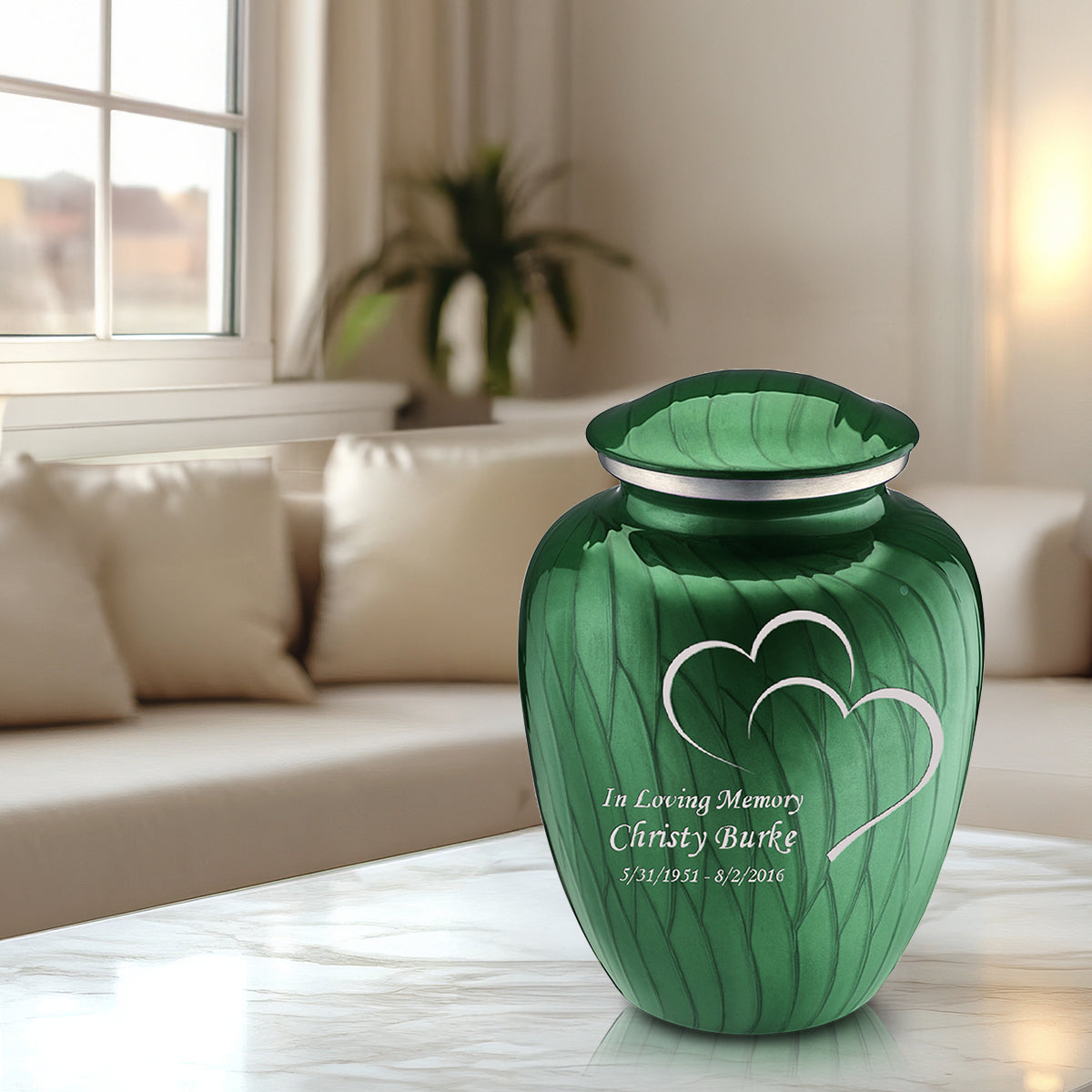 Adult Embrace Pearl Green Hearts Cremation Urn