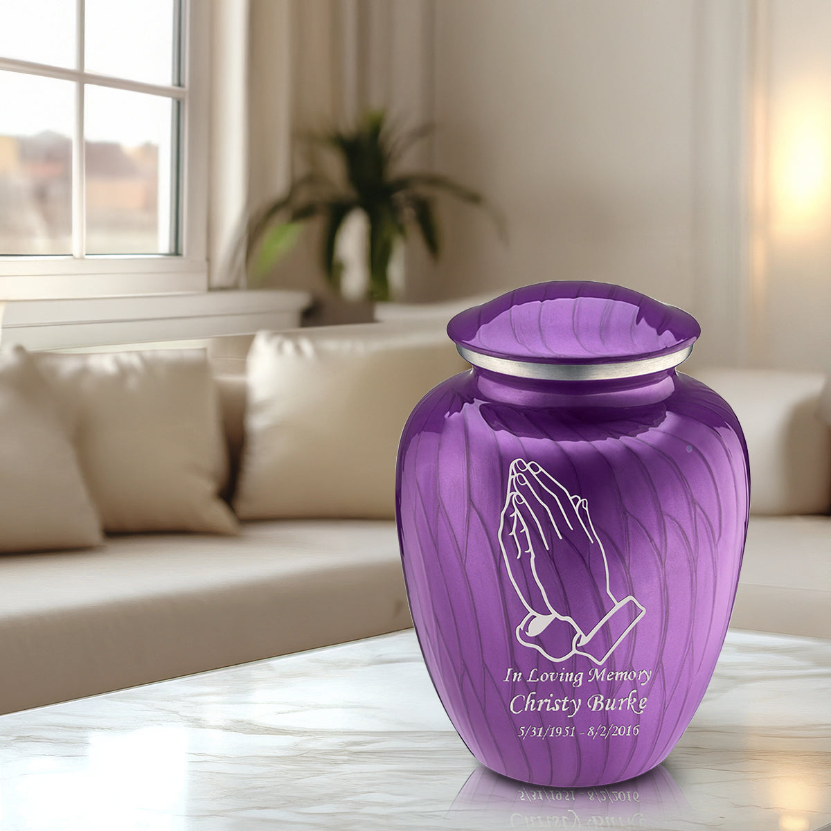 Adult Embrace Pearl Purple Praying Hands Cremation Urn