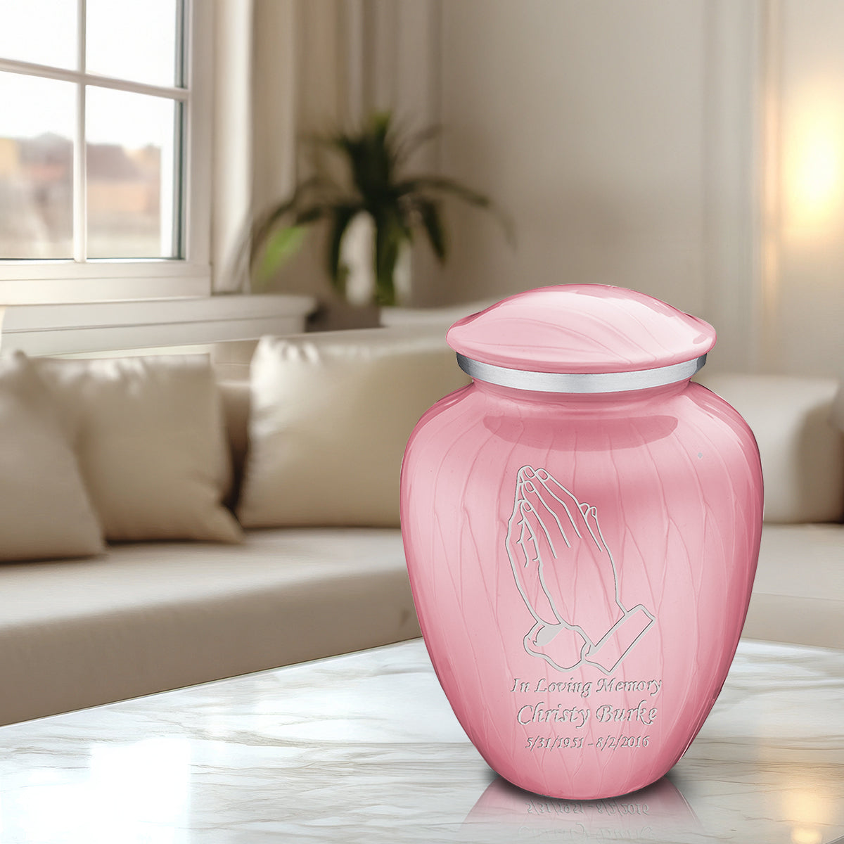 Adult Embrace Pearl Pink Praying Hands Cremation Urn