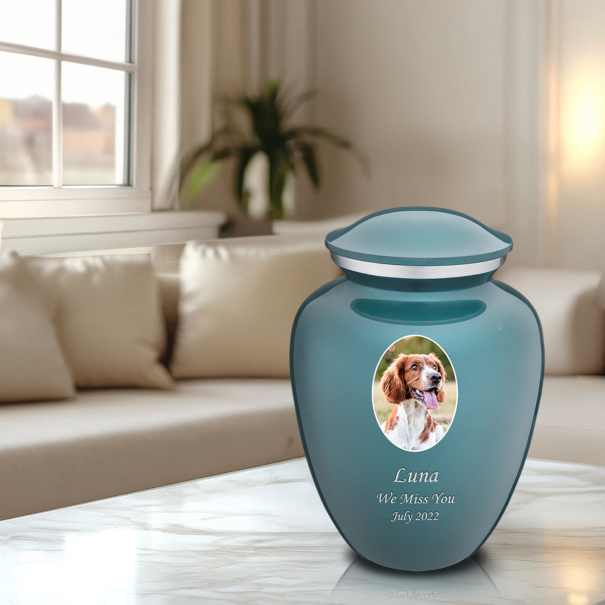 Adult Pet Embrace Teal Portrait Cremation Urn