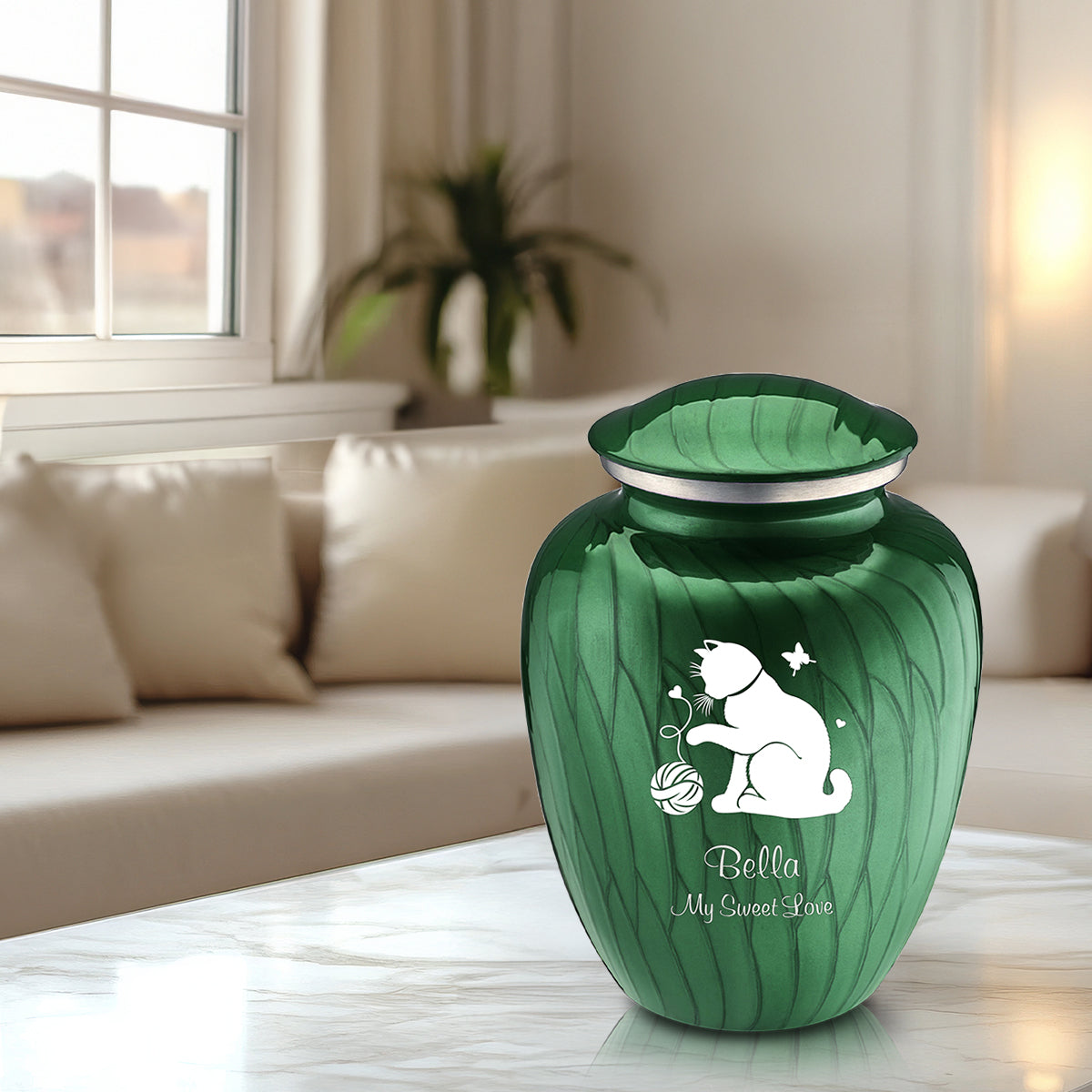 Large Embrace Pearl Green Pet Fun Cat Cremation Urn