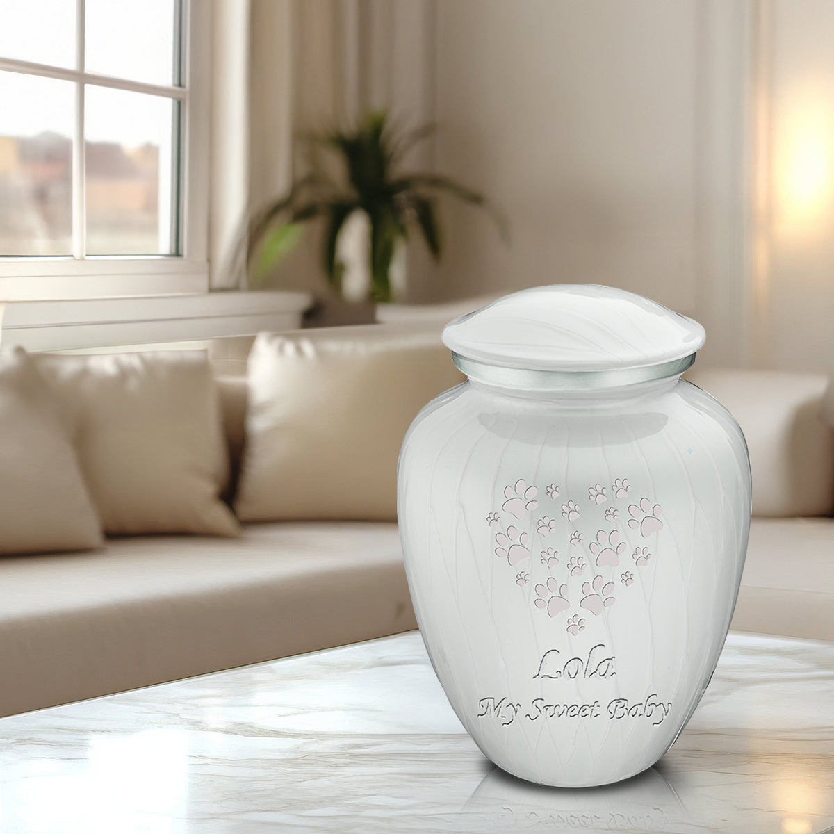 Large Embrace Pearl White Heart Paws Pet Cremation Urn