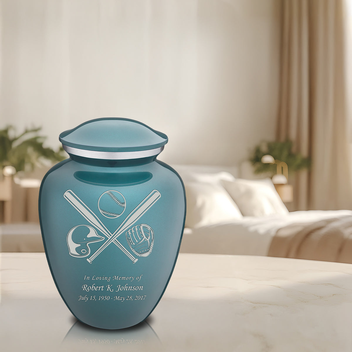 Adult Embrace Teal Baseball Cremation Urn