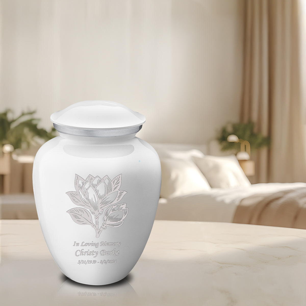 Adult Embrace White Magnolia Flower Cremation Urn