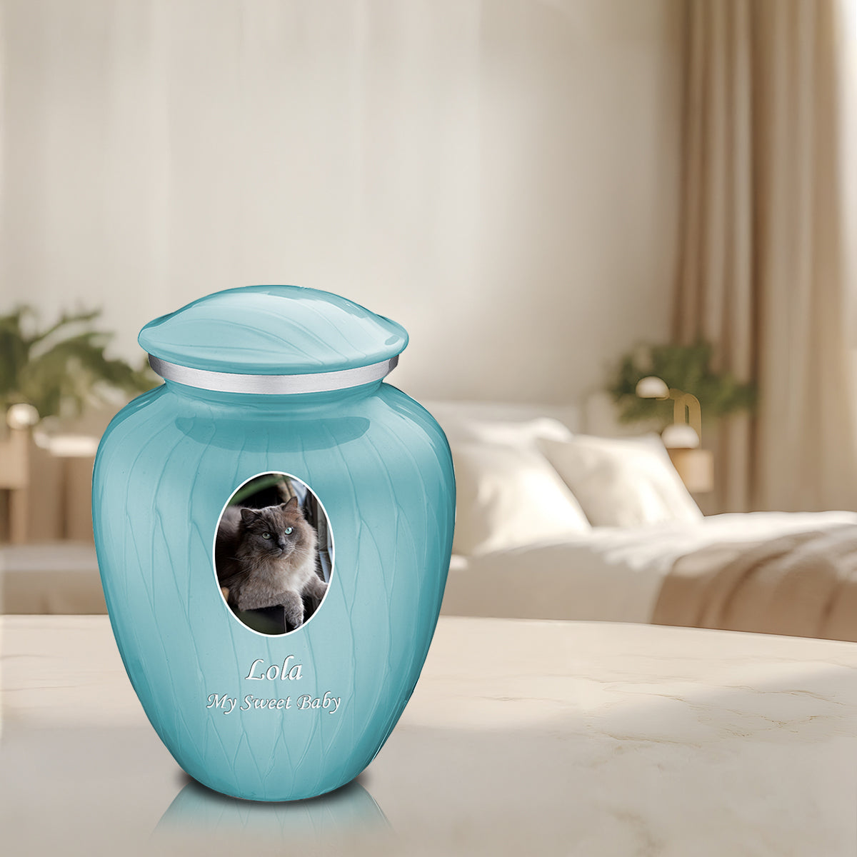 Adult Pet Embrace Pearl Light Blue Portrait Cremation Urn