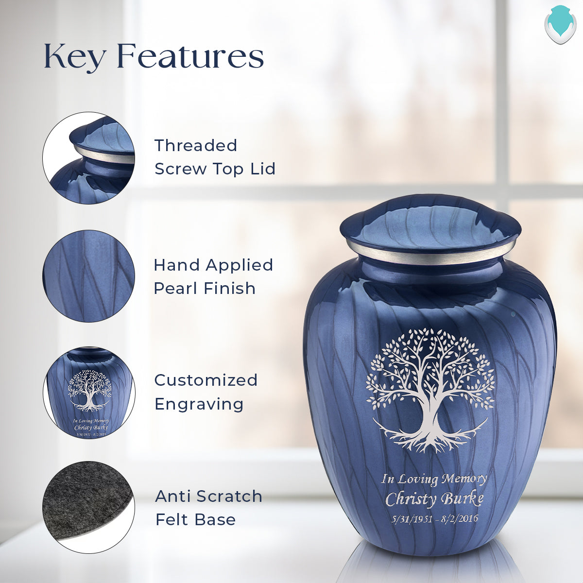 Adult Embrace Pearl Cobalt Blue Tree of Life Cremation Urn