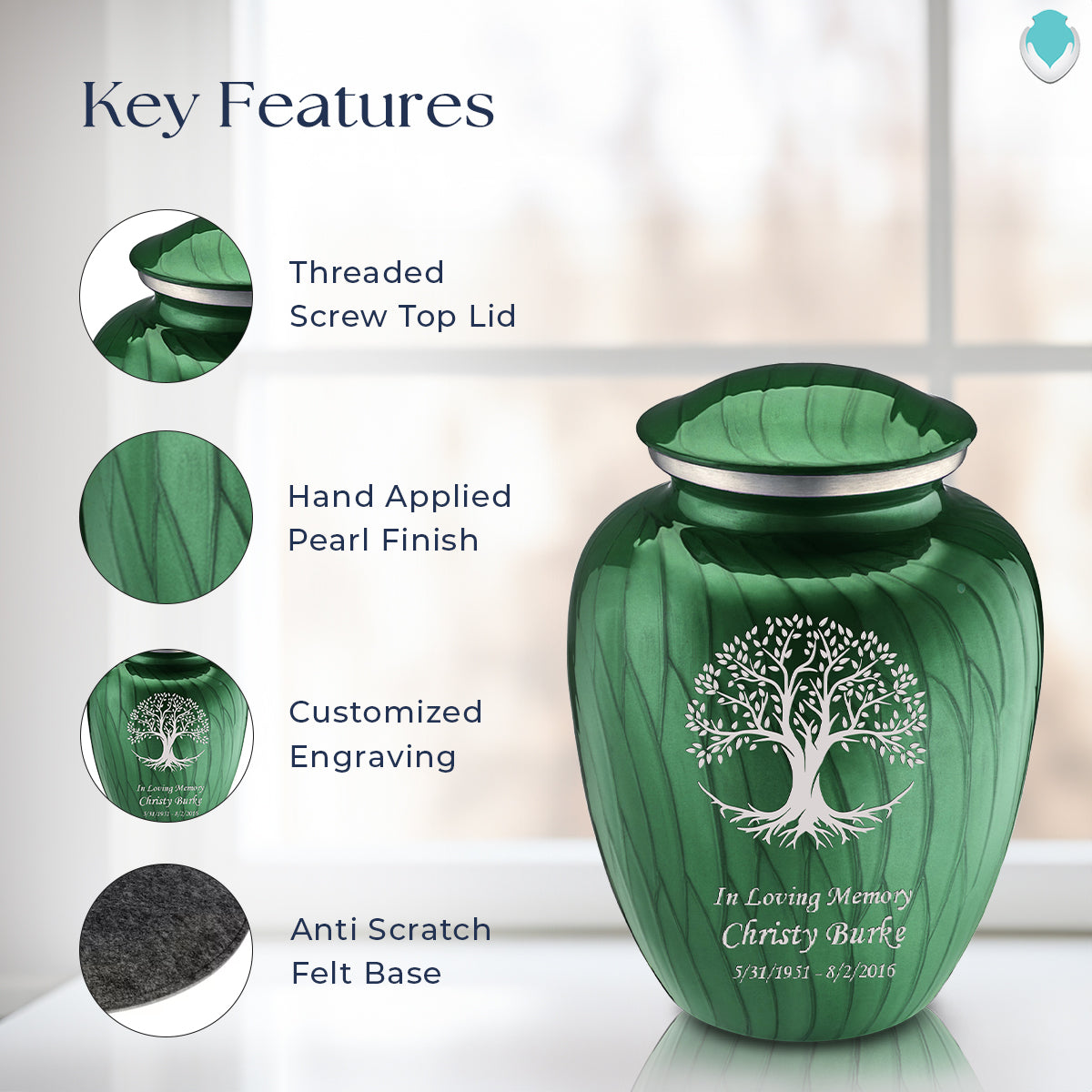 Adult Embrace Pearl Green Tree of Life Cremation Urn