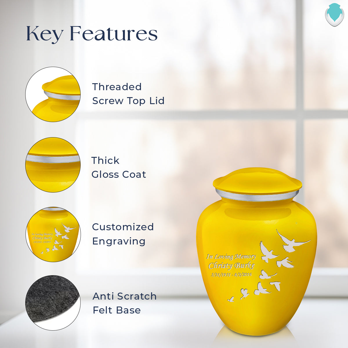 Medium Embrace Yellow Doves Cremation Urn