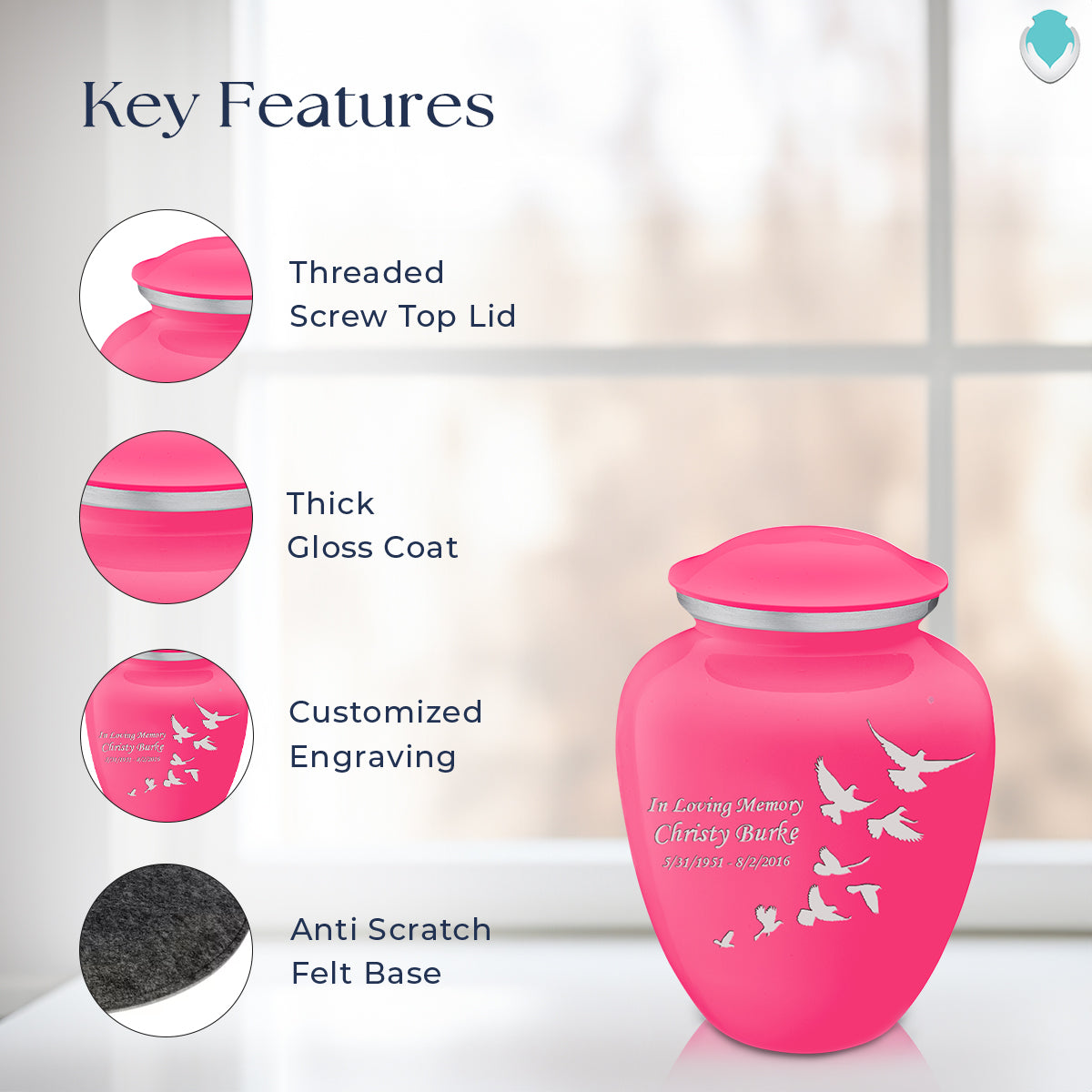 Medium Embrace Bright Pink Doves Cremation Urn