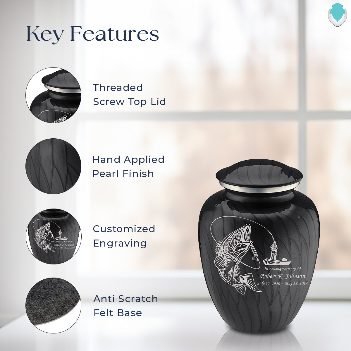 Medium Embrace Pearl Black Fishing Cremation Urn