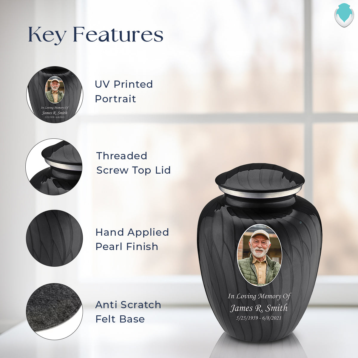 Medium Embrace Pearl Black Portrait Cremation Urn