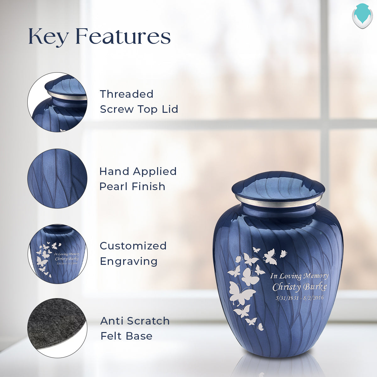 Medium Embrace Pearl Cobalt Blue Butterfly Cremation Urn