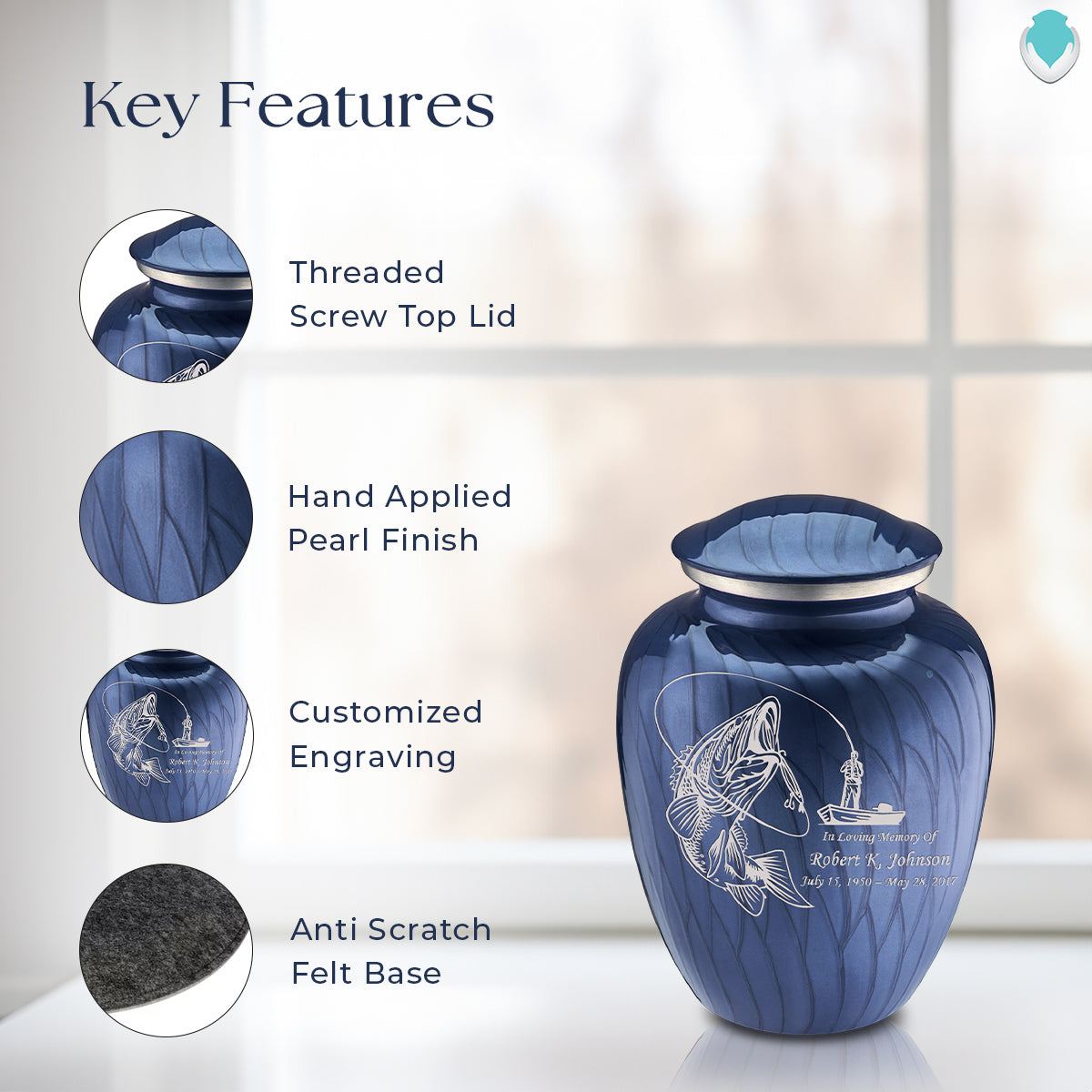 Medium Embrace Pearl Cobalt Blue Fishing Cremation Urn