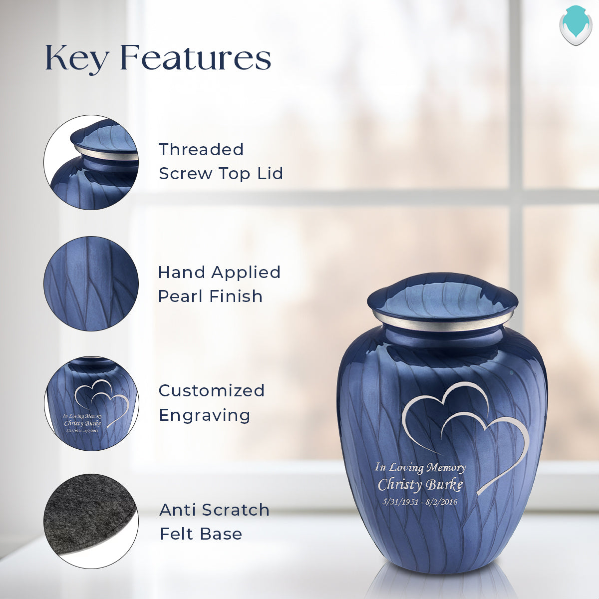 Medium Embrace Pearl Cobalt Blue Hearts Cremation Urn