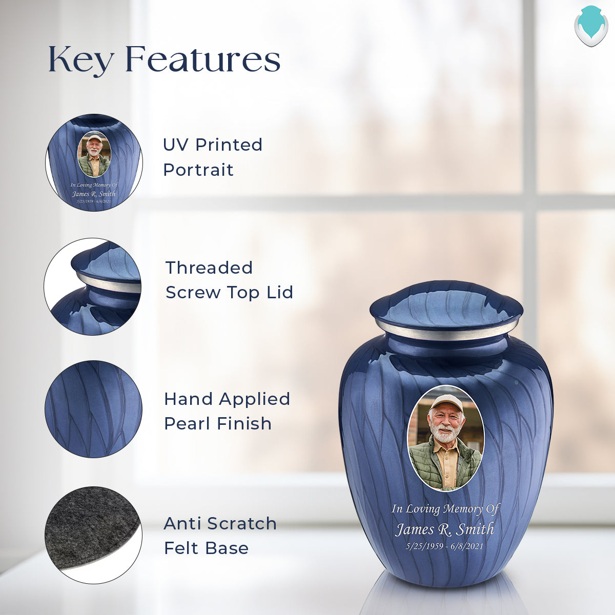 Medium Embrace Pearl Cobalt Blue Portrait Cremation Urn