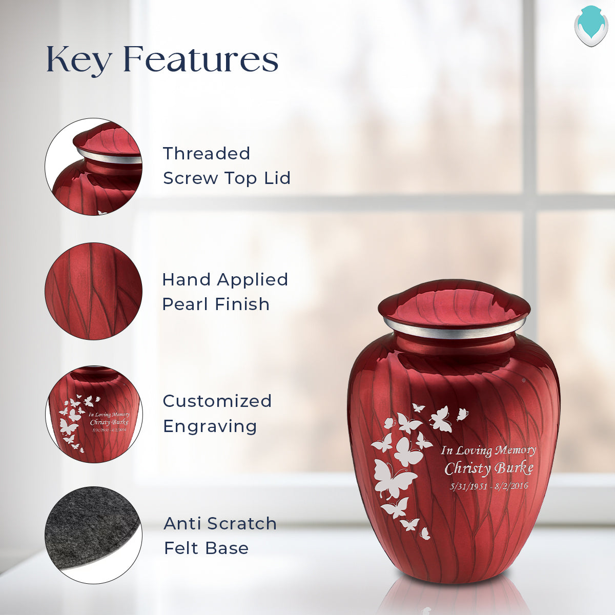 Medium Embrace Pearl Candy Red Butterfly Cremation Urn