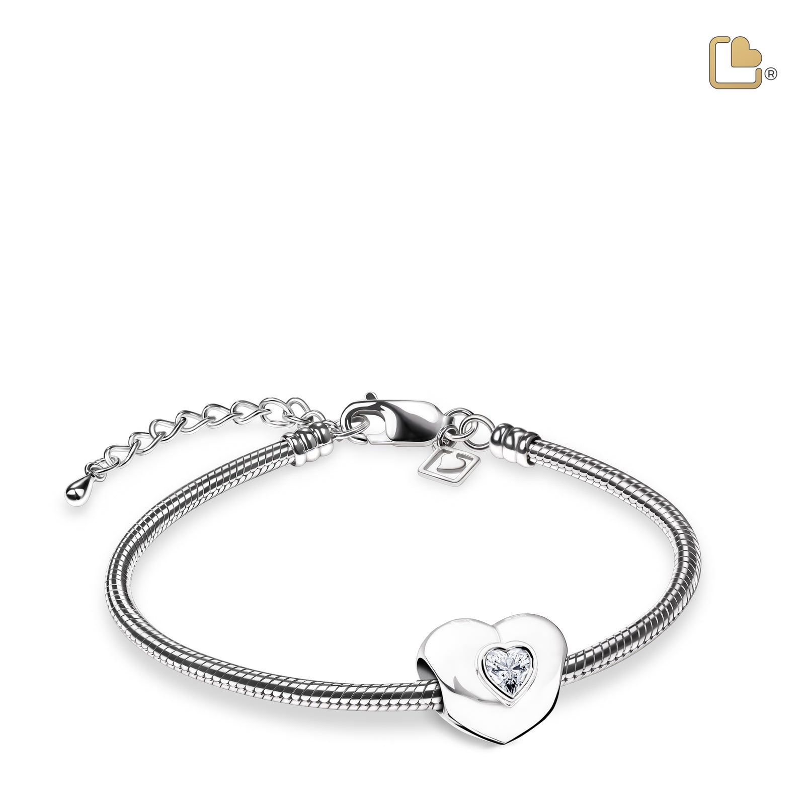 Heart to Heart Sterling Silver Cremation Bracelet Bead with Clear Crystal