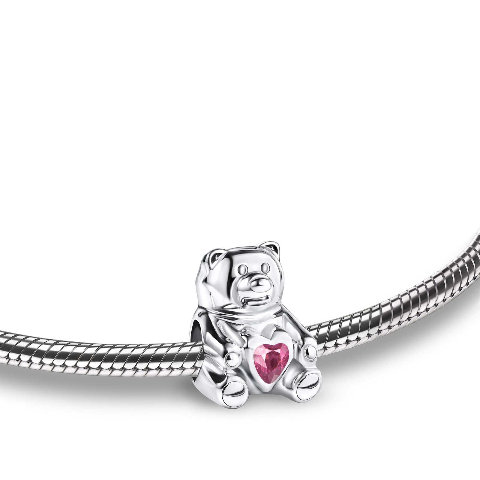 Teddy Bear with Pink Crystal Sterling Silver Cremation Bracelet Bead
