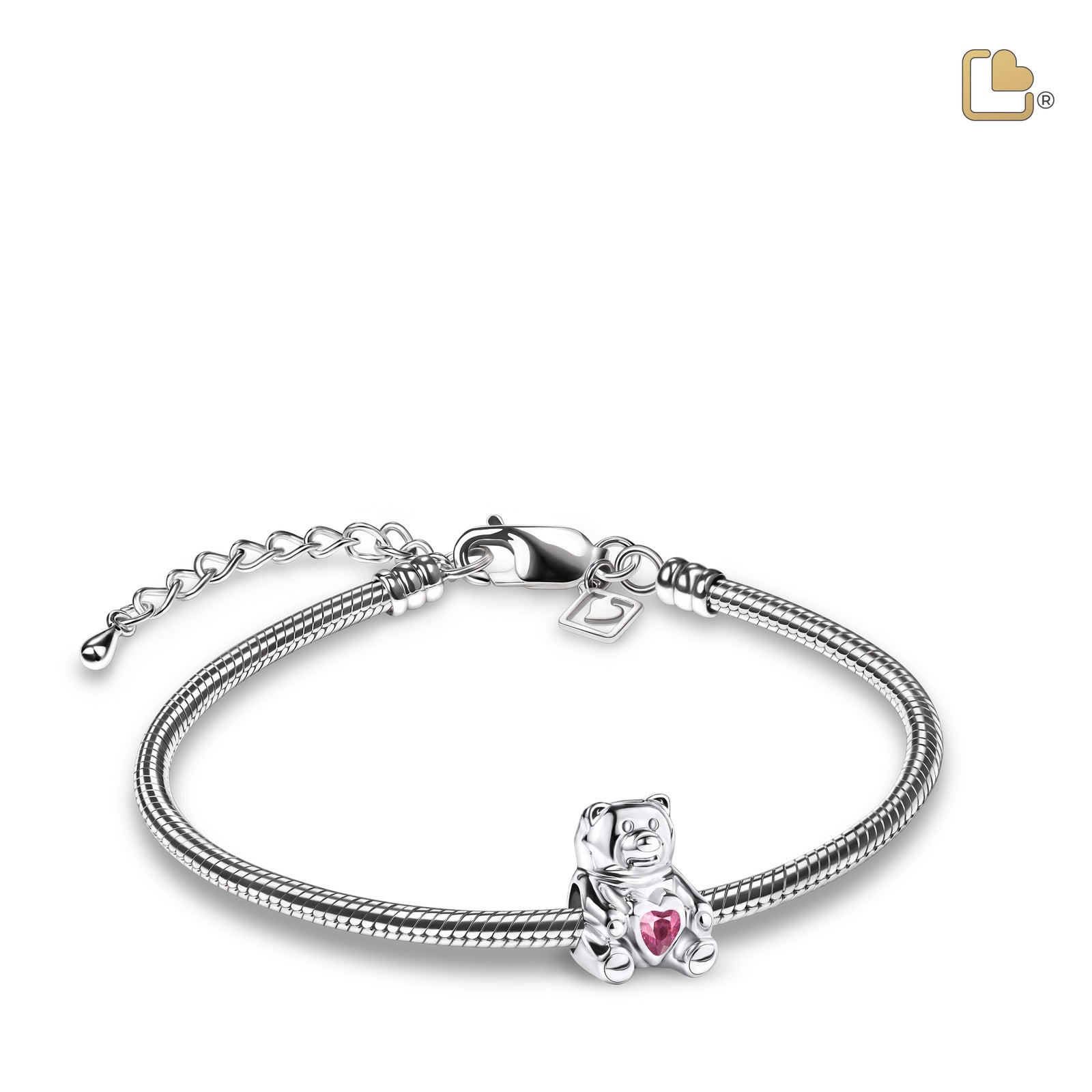 Teddy Bear with Pink Crystal Sterling Silver Cremation Bracelet Bead