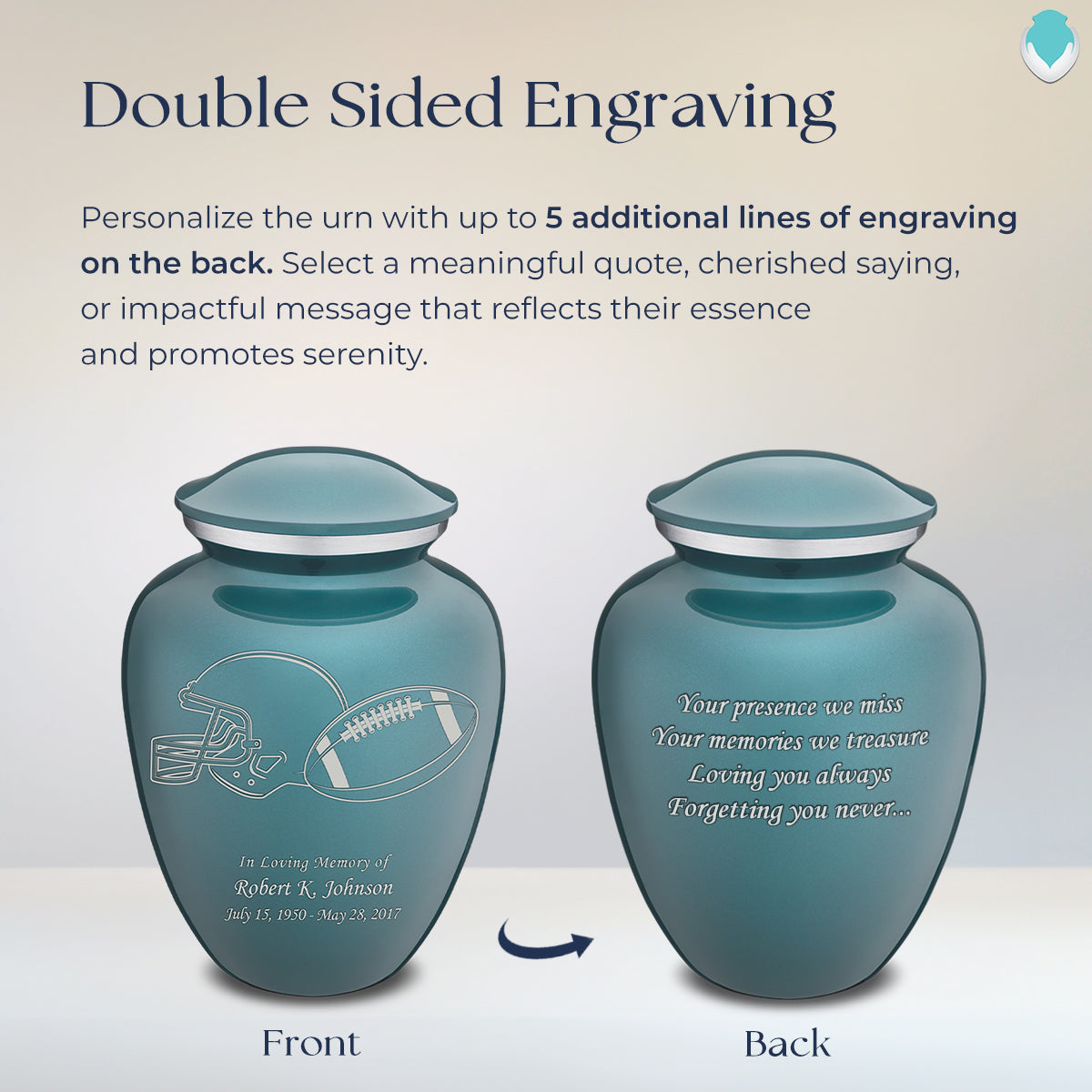 Adult Embrace Teal Football Cremation Urn