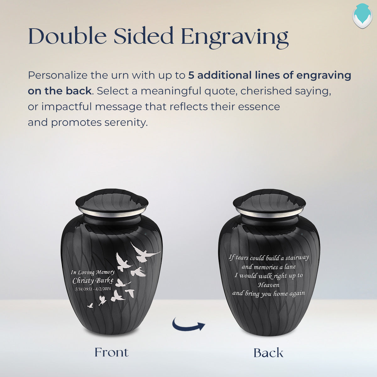 Medium Embrace Pearl Black Doves Cremation Urn