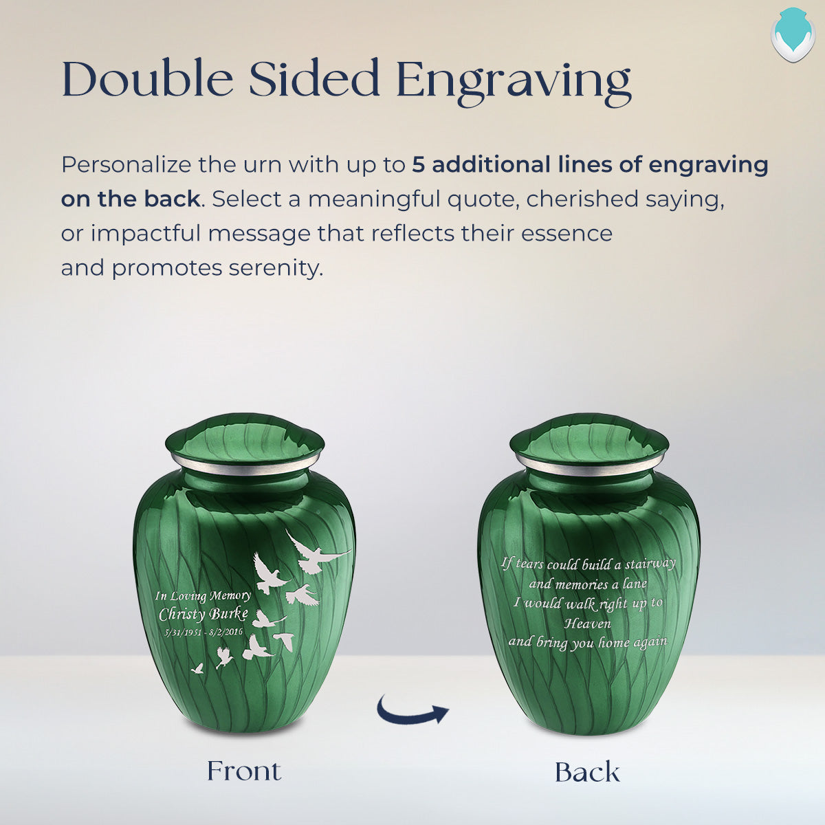 Medium Embrace Pearl Green Doves Cremation Urn