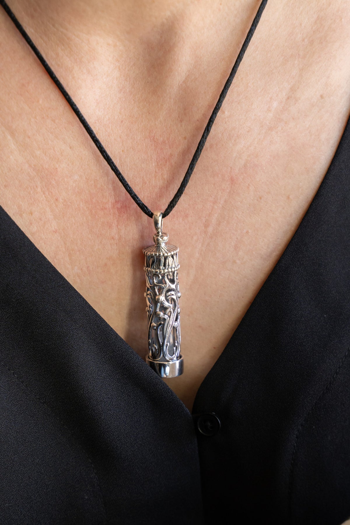 Small Sterling Silver Chromate Filigree Cylinder Pendant Cremation Jewelry