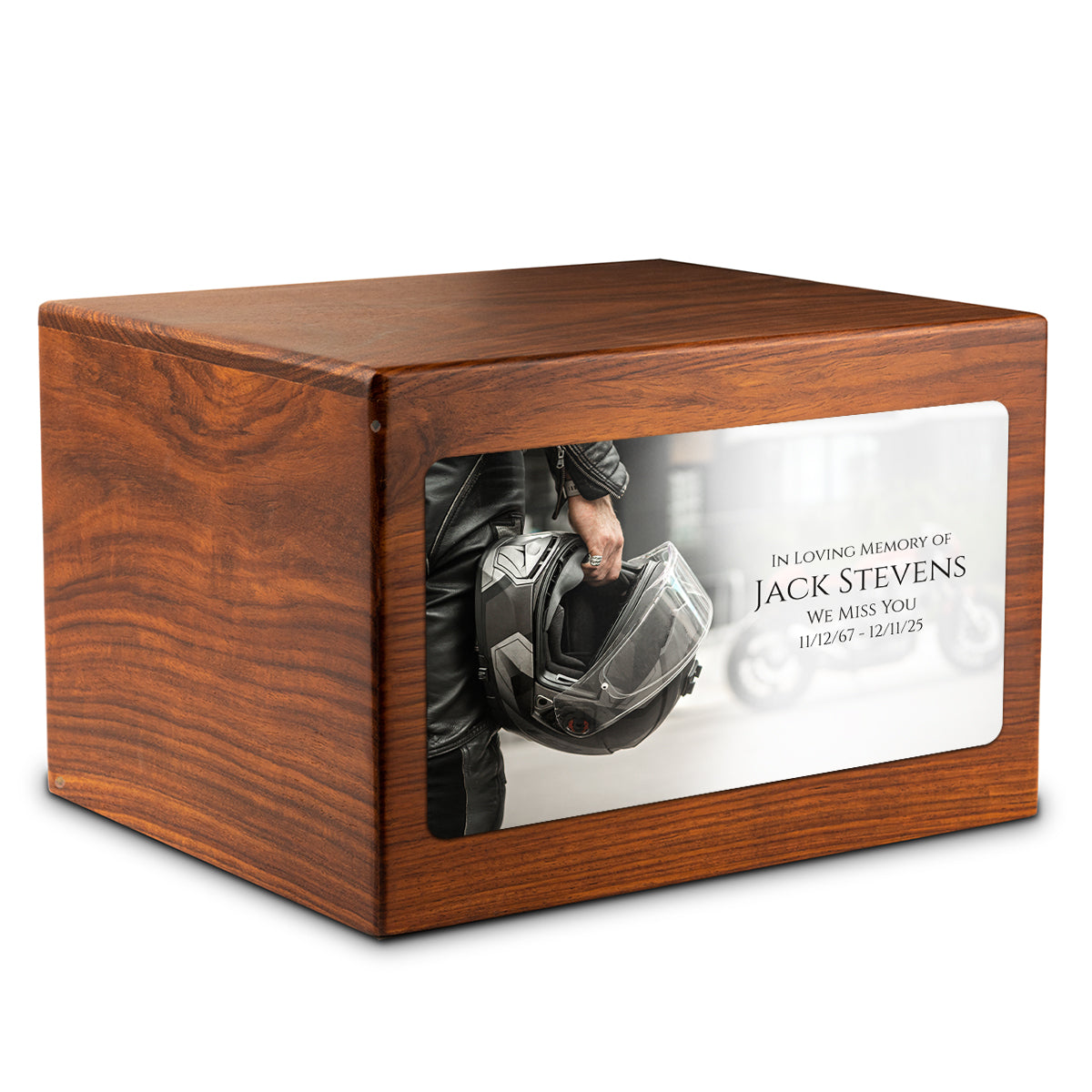 Adult Aura Motorcycle Helmet Custom Printed Solid Wood Box Cremation Urn