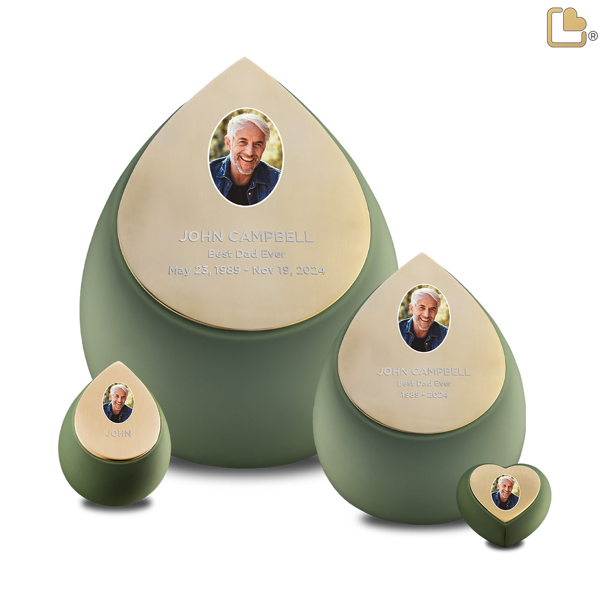 Drop Standard Adult Portrait Urn Sage Green & Brushed Gold
