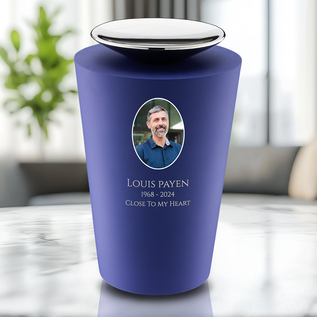 Crescent Portrait Tall Standard Adult Urn Navy & Polished Silver