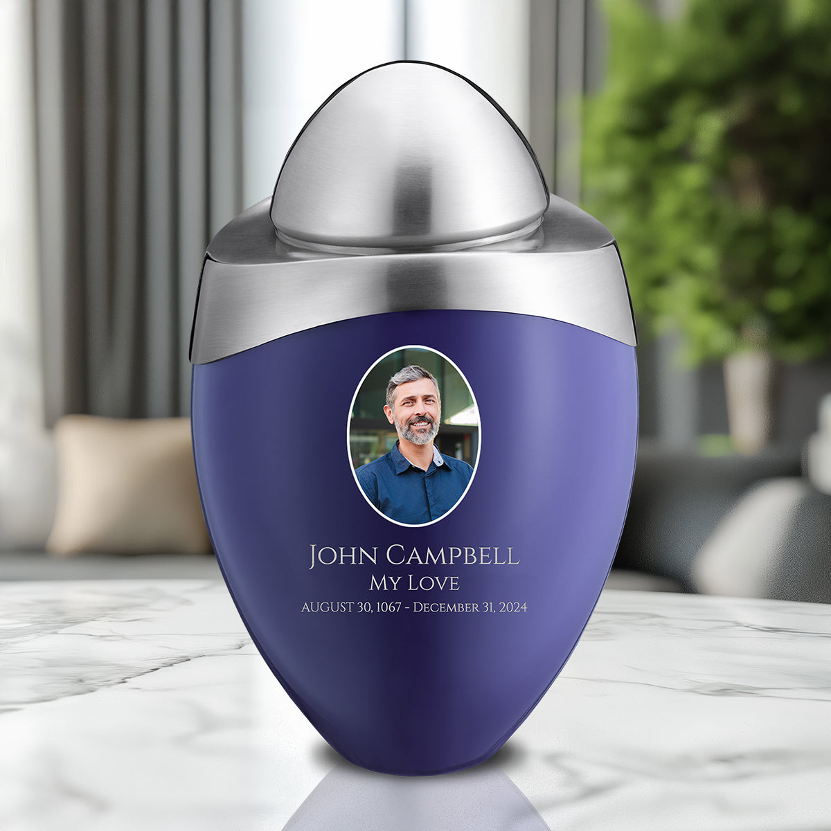 Amore Standard Portrait Adult Urn Blue & Brushed Pewter