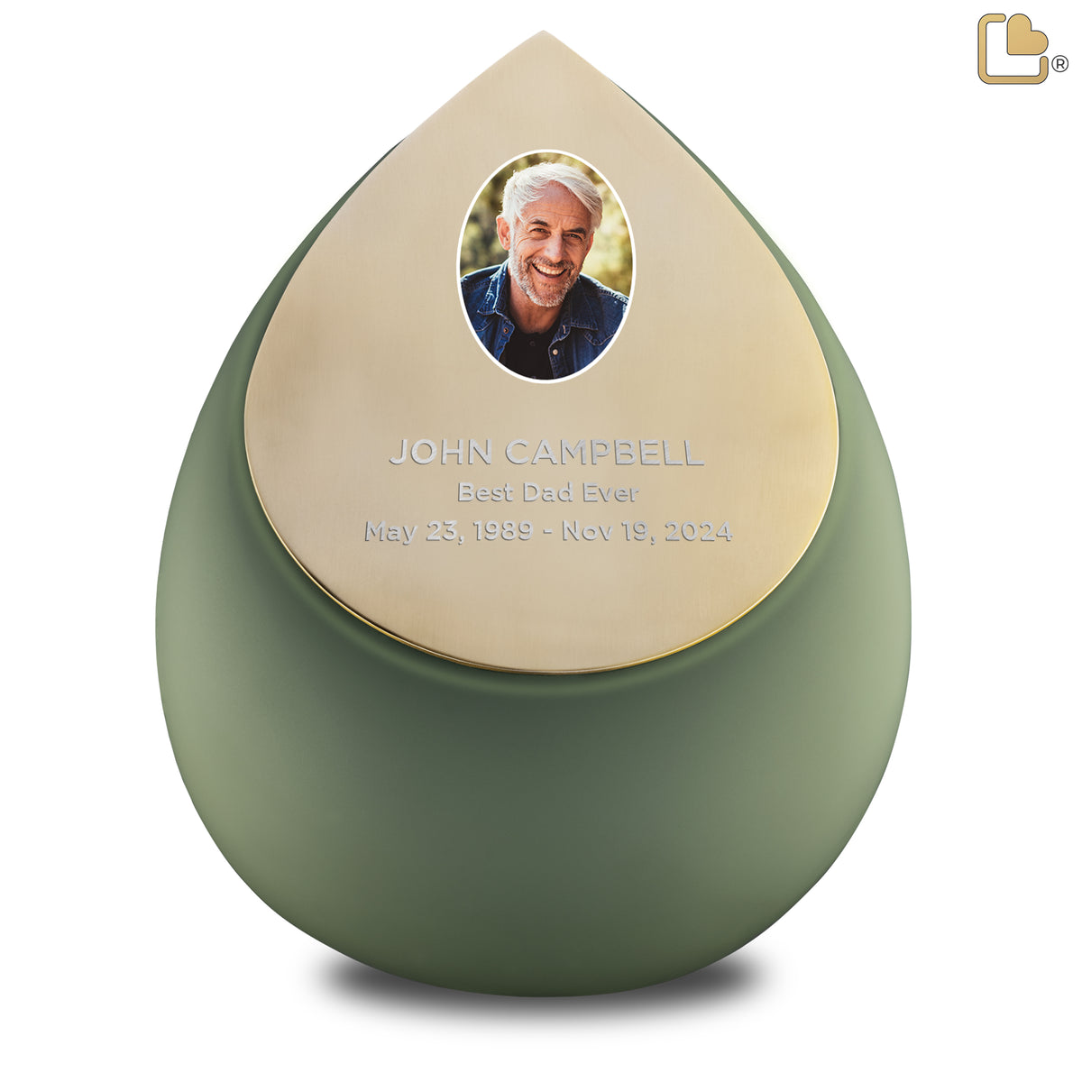Drop Standard Adult Portrait Urn Sage Green & Brushed Gold