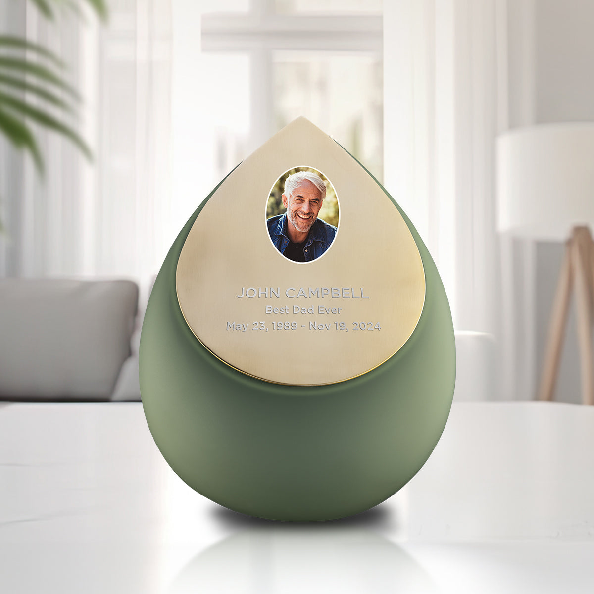 Drop Standard Adult Portrait Urn Sage Green & Brushed Gold