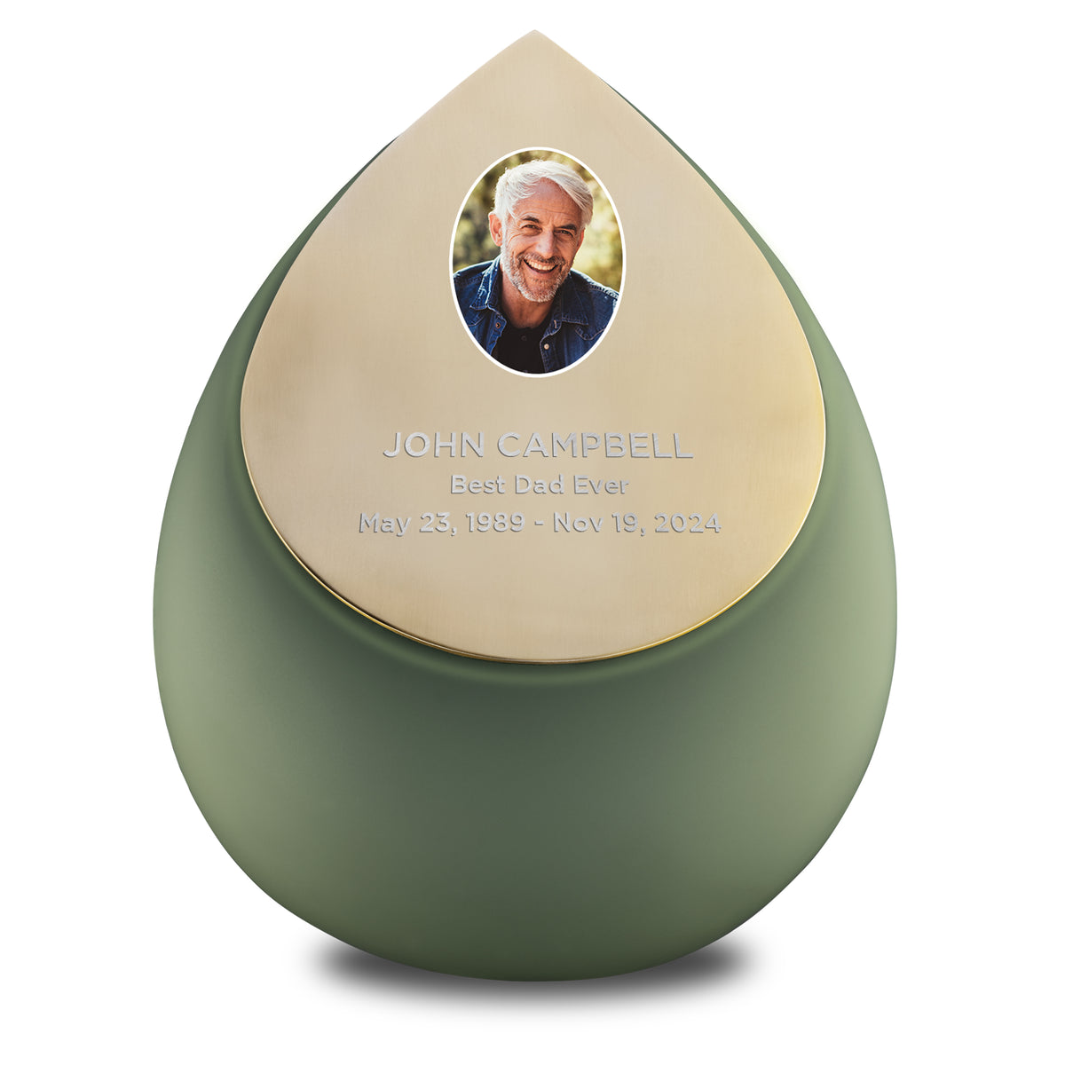 Drop Standard Adult Portrait Urn Sage Green & Brushed Gold