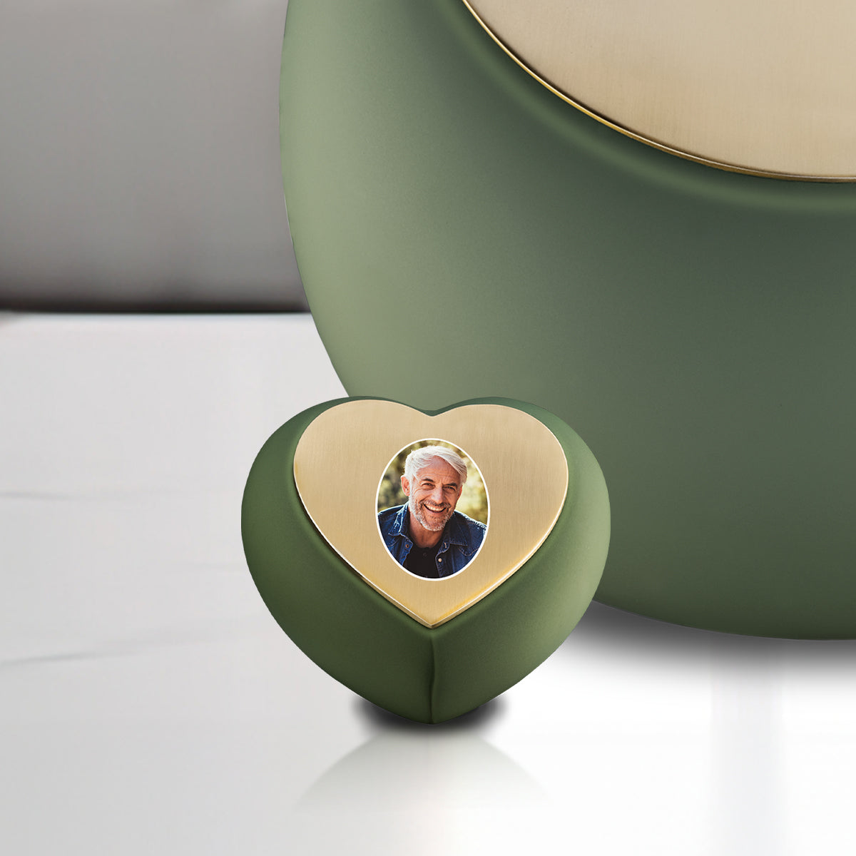 Drop Heart Keepsake Portrait Urn Sage Green & Brushed Gold