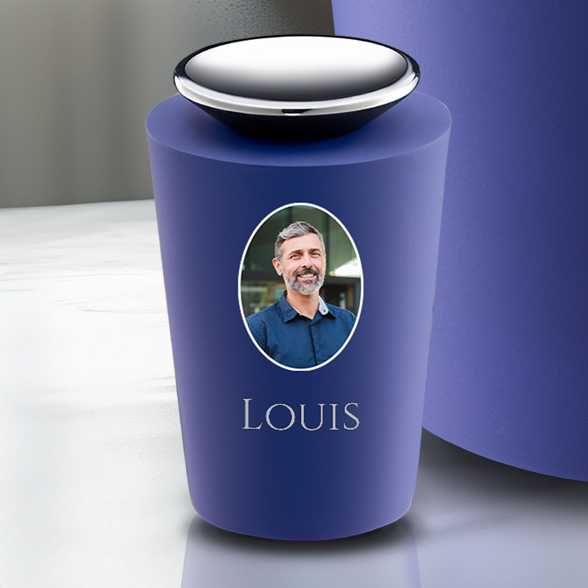 Crescent Portrait Tall Keepsake Urn Navy & Polished Silver