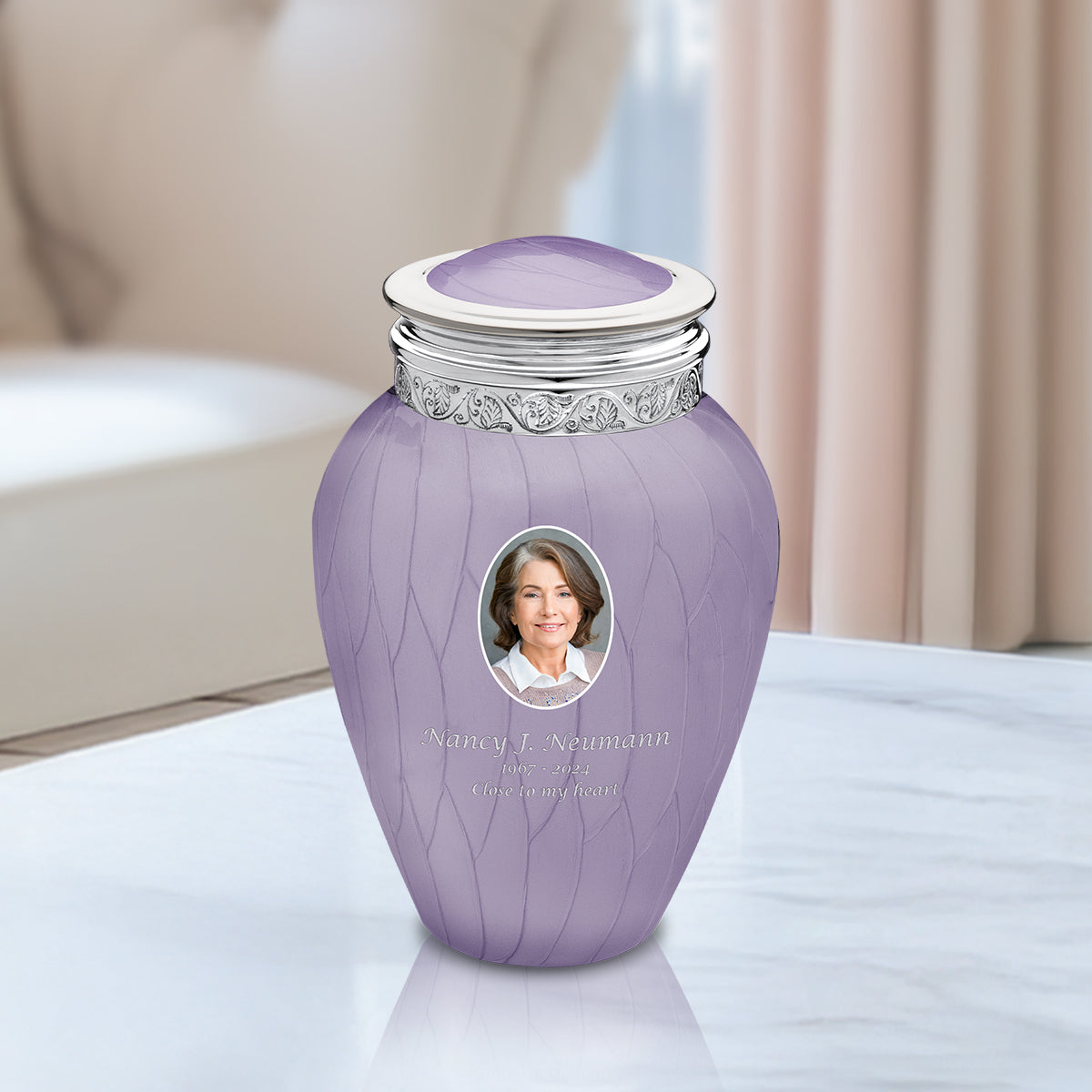 Medium Blessing Portrait Pearl Lavender Silver Cremation Urn