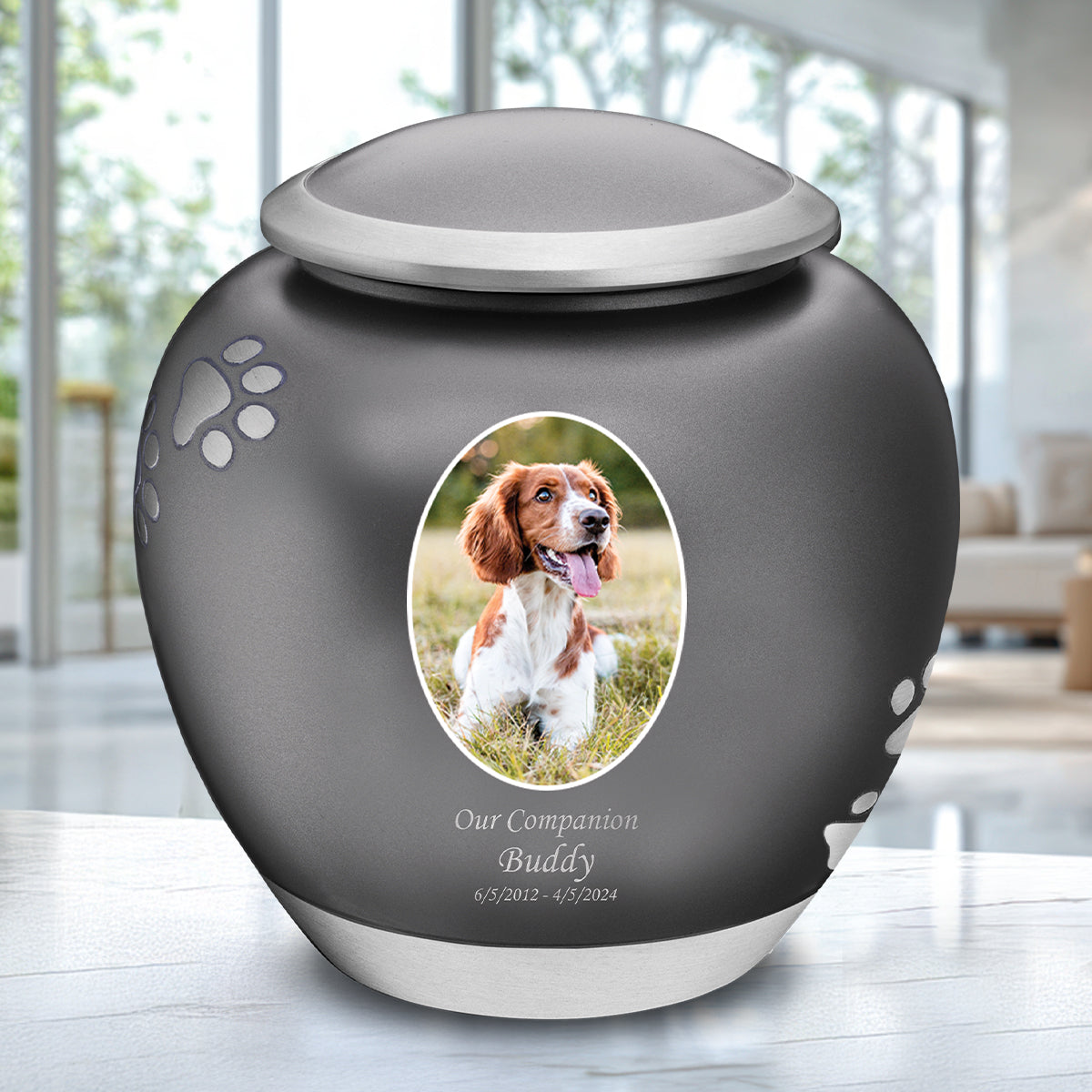 Shadow Large Portrait Pawprint Pet Urn French Grey & Bru Pewter