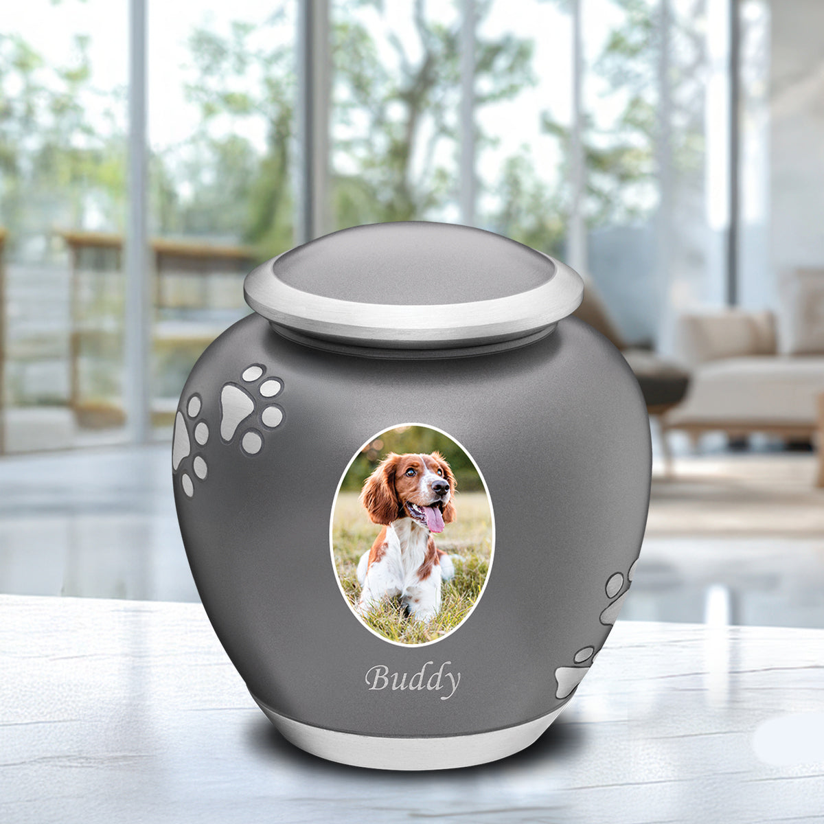 Shadow Small Portrait Pawprint Pet Urn French Grey & Bru Pewter