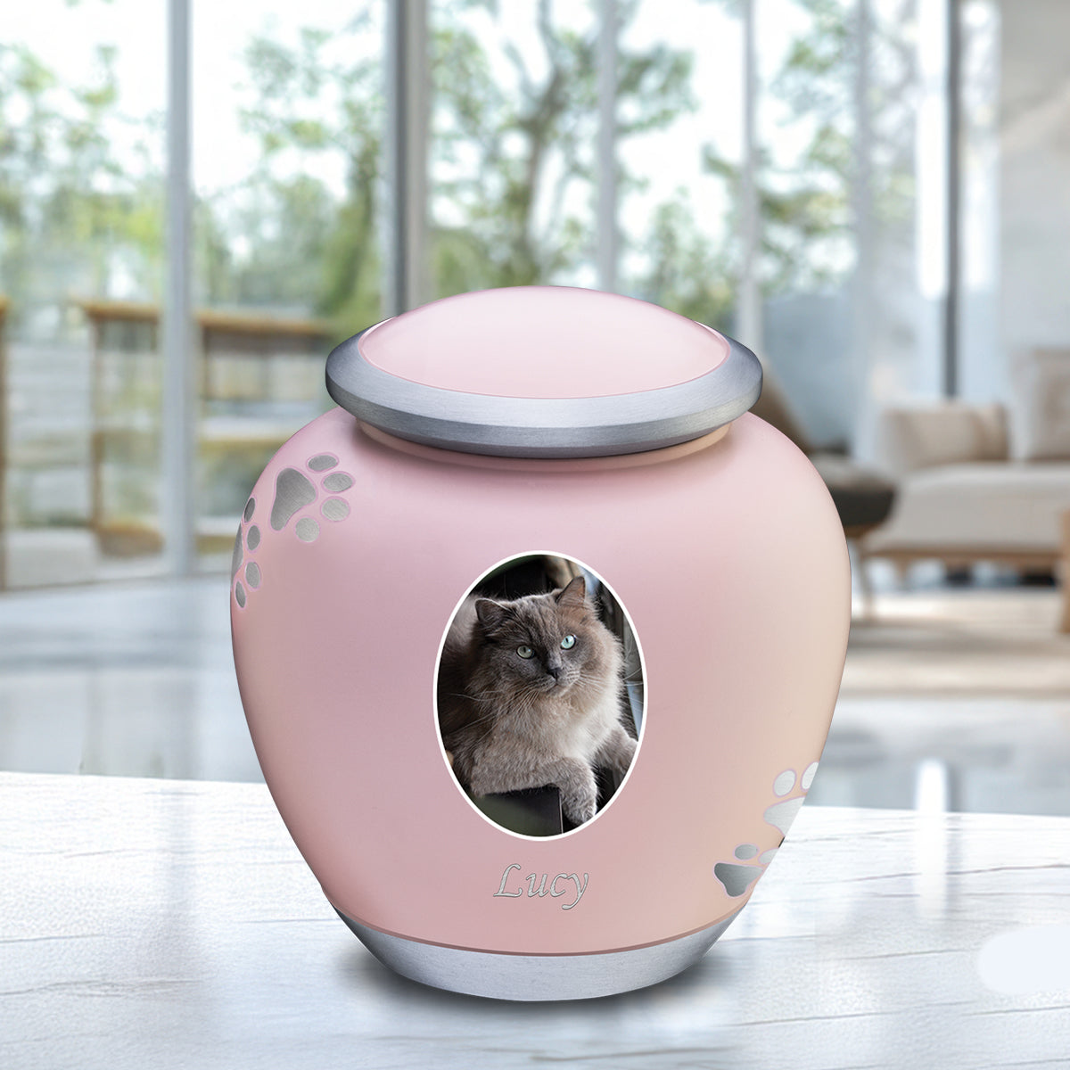 Shadow Small Portrait Pawprint Pet Urn Pink & Brushed Pewter
