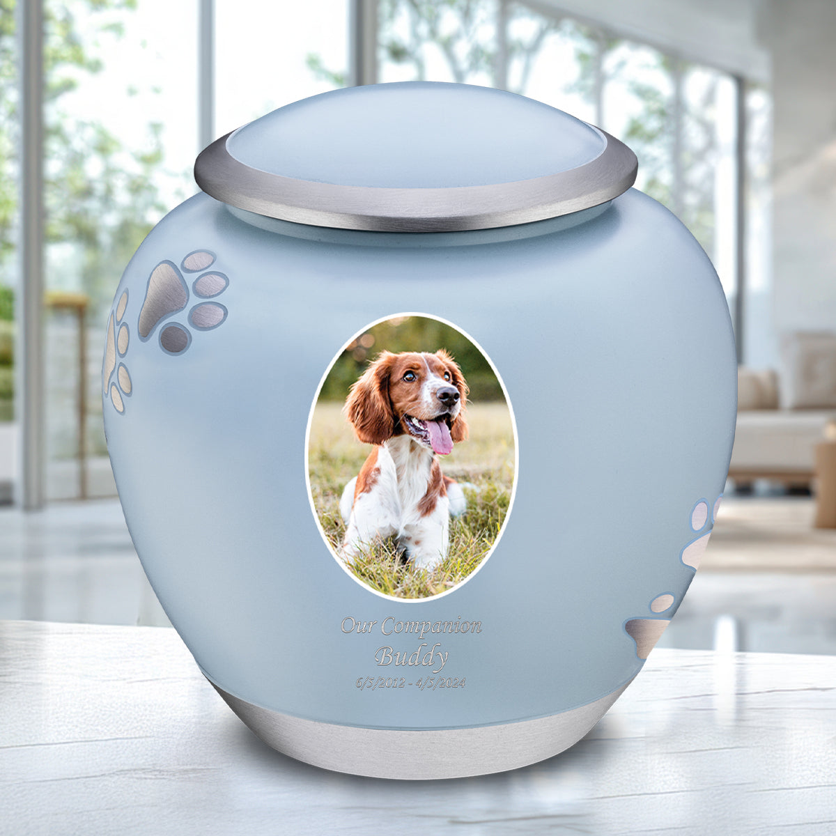 Shadow Large Portrait Pawprint Pet Urn Blue & Bru Pewter