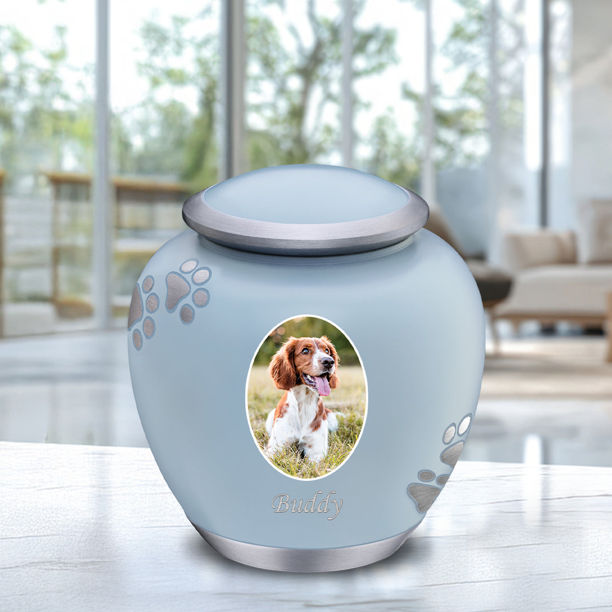 Shadow Small Portrait Pawprint Pet Urn Blue & Bru Pewter