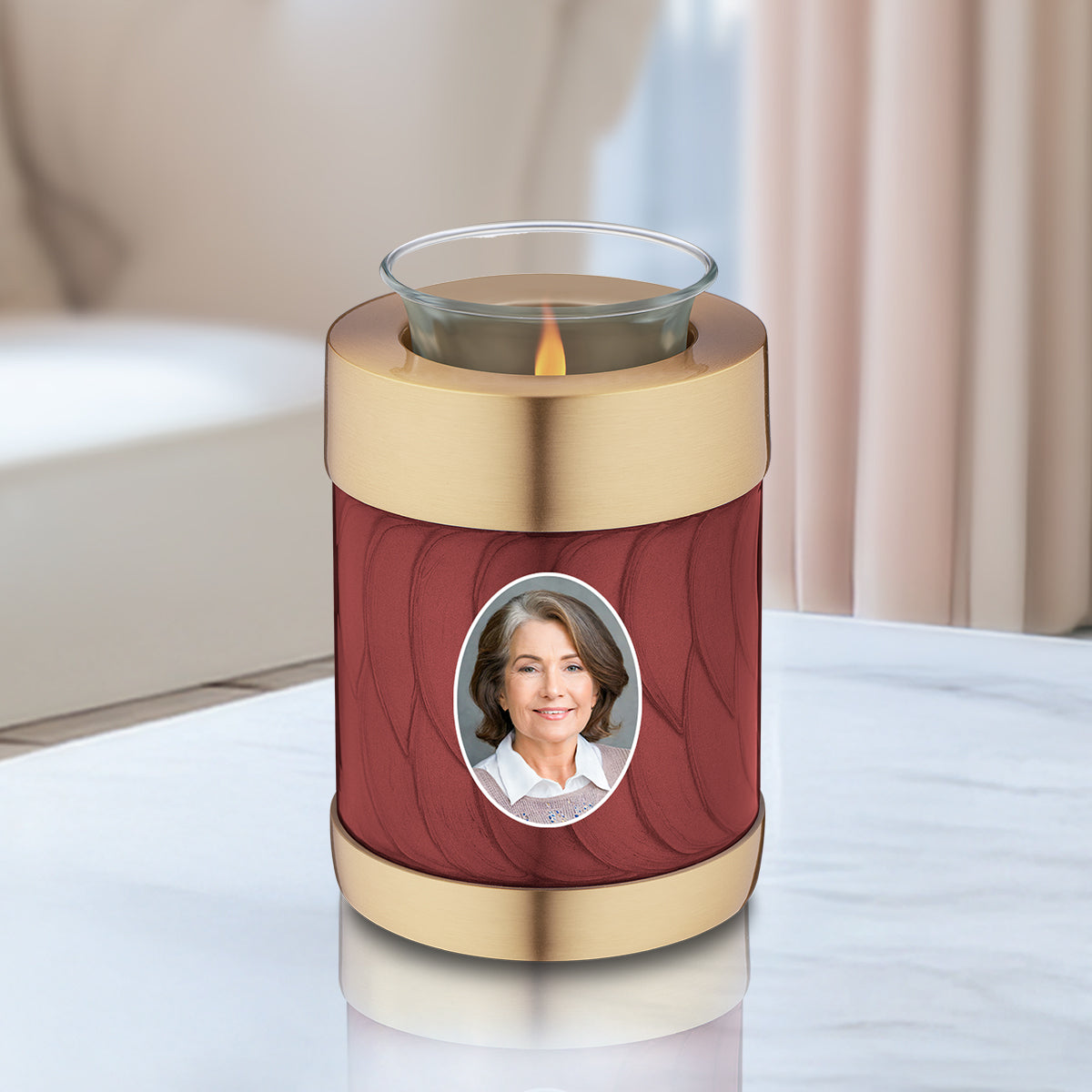 Tealight Portrait Pearl Crimson & Brushed Gold Cremation Urn