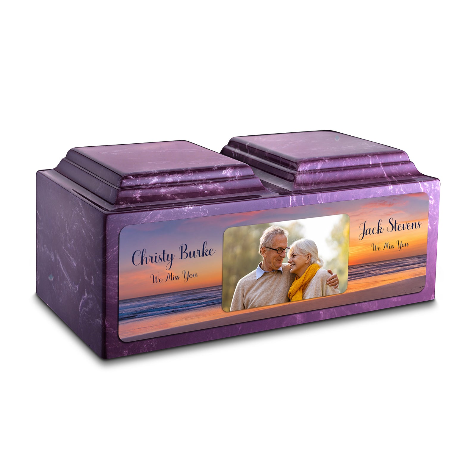 Adult Companion Custom Ocean Sunset Couple Portrait Amethyst Cultured Marble Urns by MacKenzie