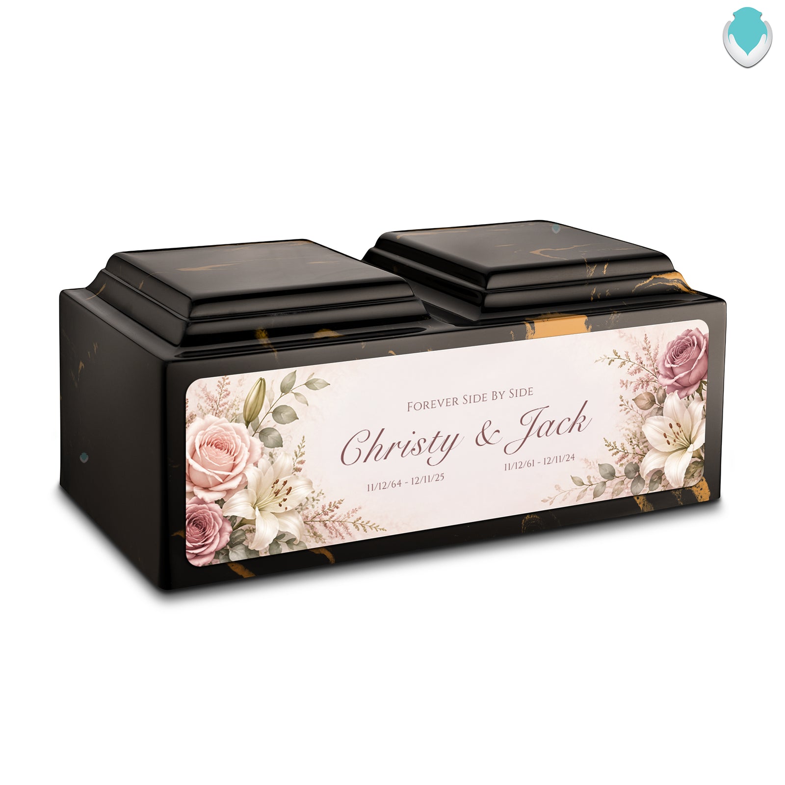 Adult Companion Custom Flower Printed Black & Gold Cultured Marble Urns by MacKenzie