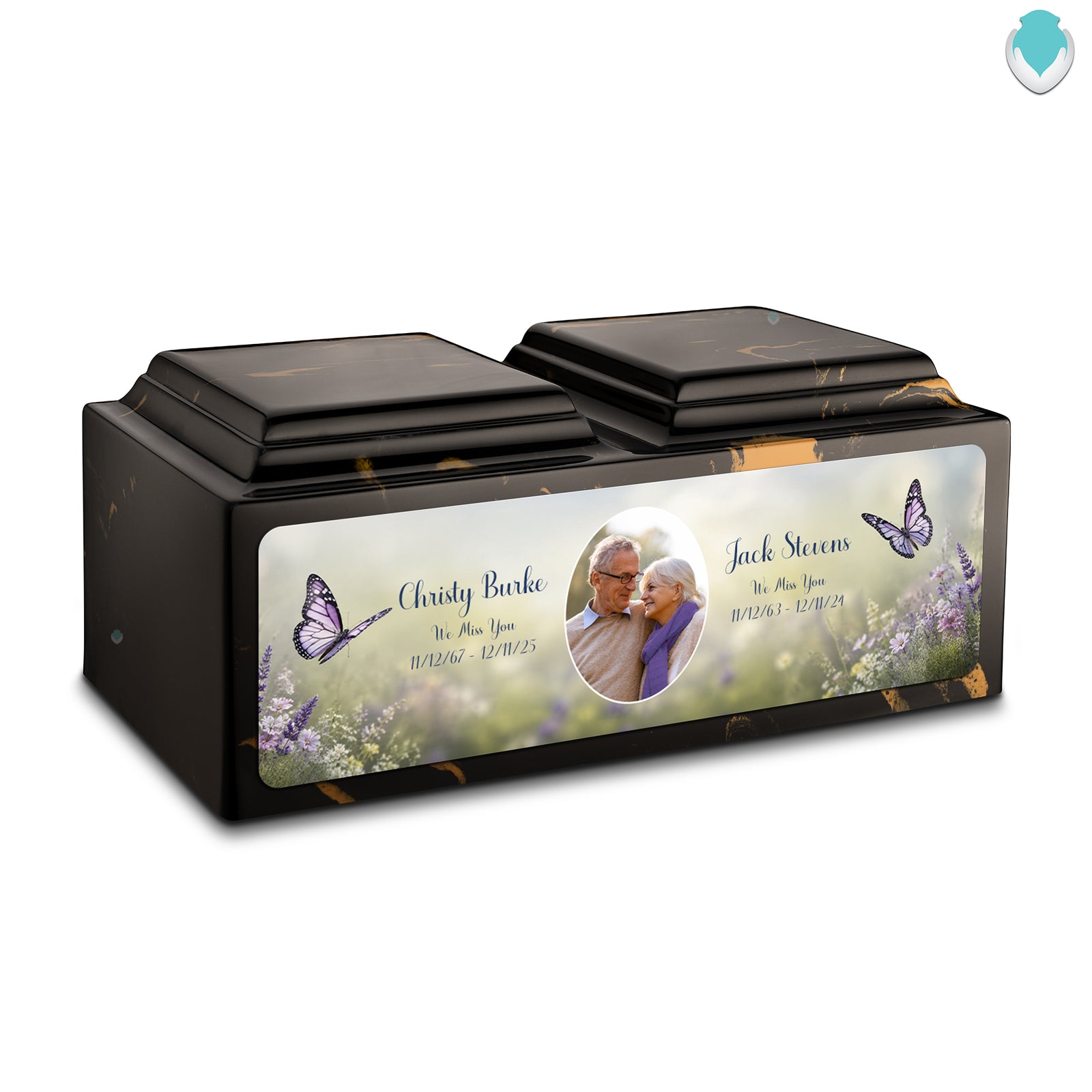 Adult Companion Custom Butterfly Couple Portrait Black & Gold Cultured Marble Urns by MacKenzie