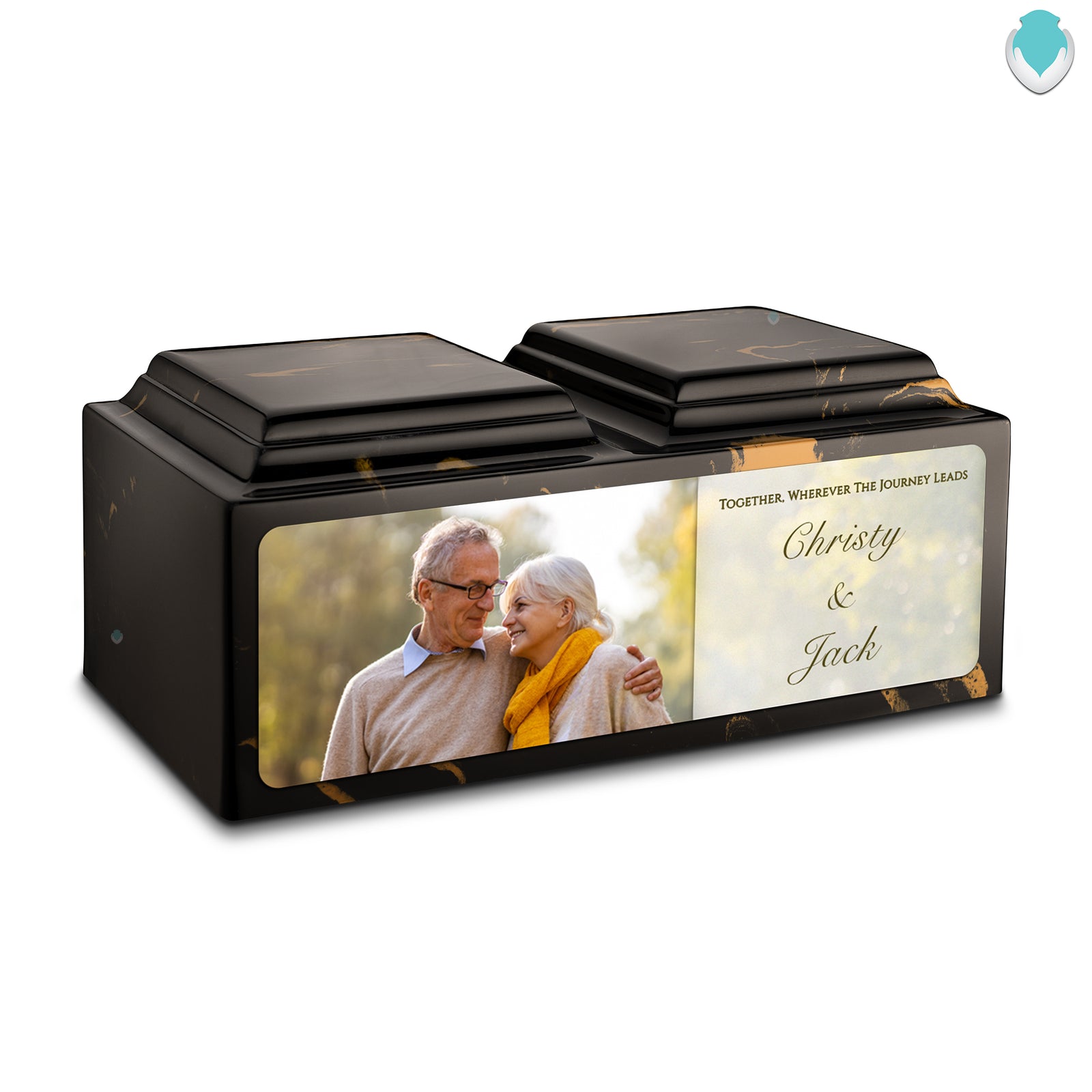 Adult Companion Custom Couple Portrait Black & Gold Cultured Marble Urns by MacKenzie