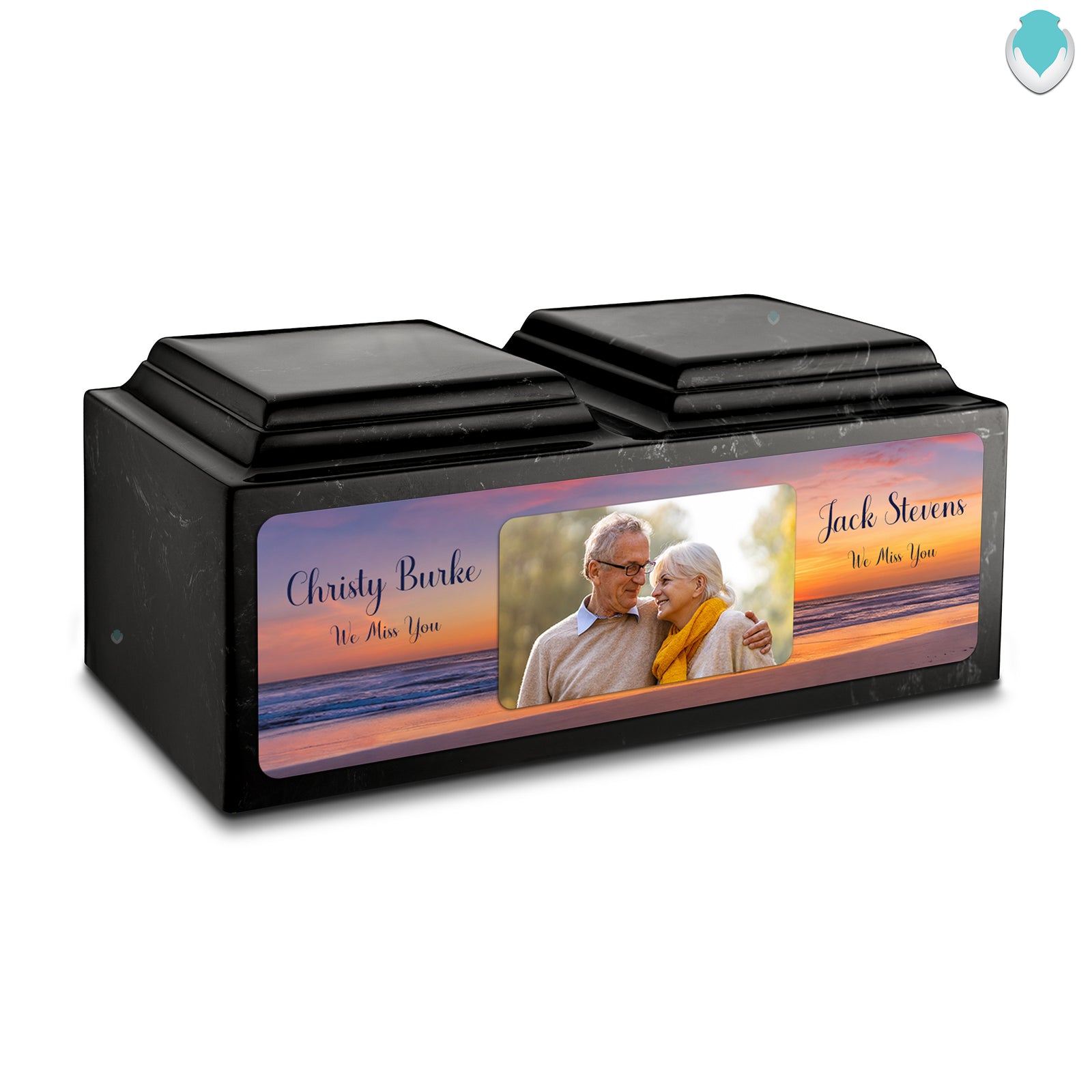 Adult Companion Custom Ocean Sunset Couple Portrait Memorial Black & White Cultured Marble Urns by MacKenzie