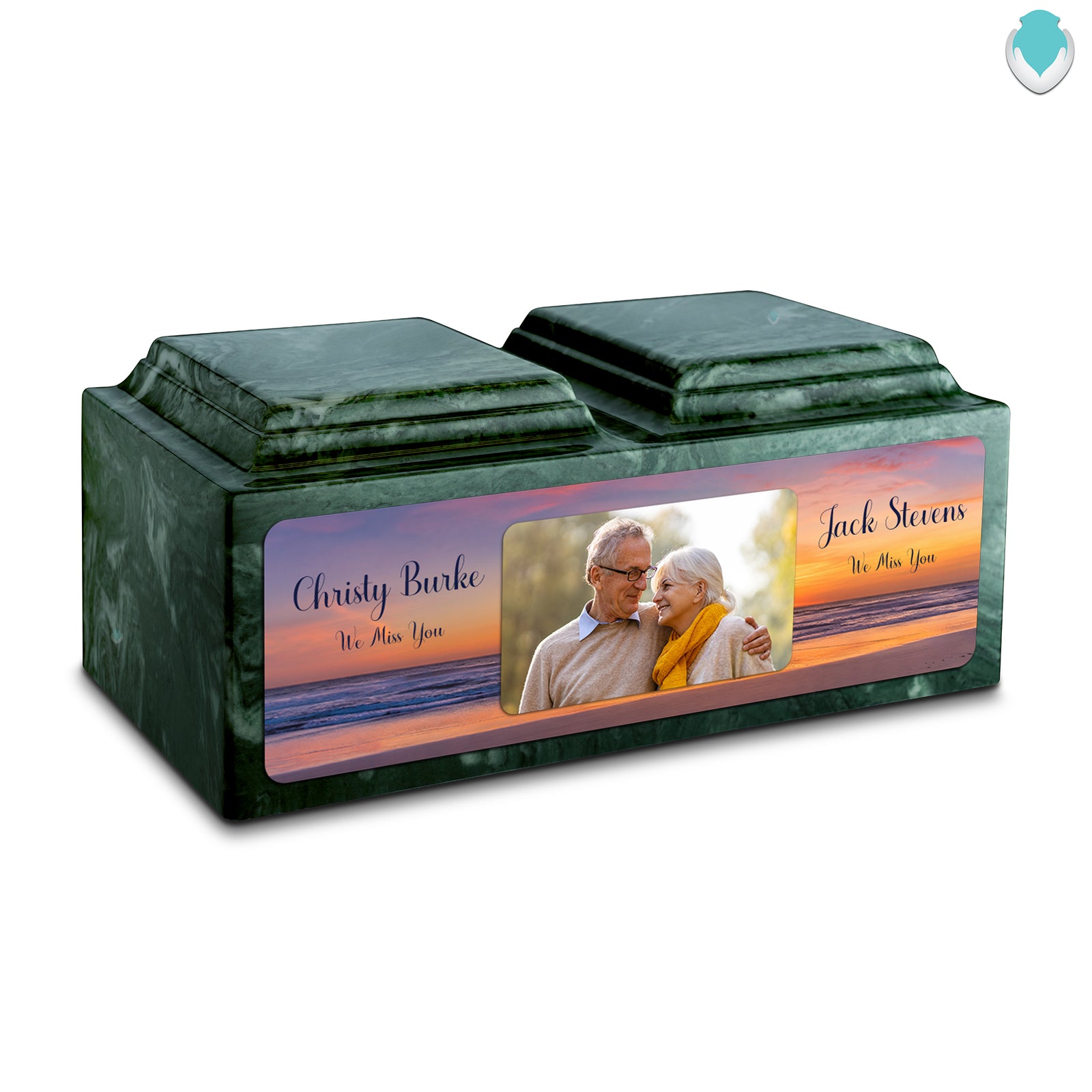 Adult Companion Custom Ocean Sunset Couple Portrait Memorial Evergreen Cultured Marble Urns by MacKenzie