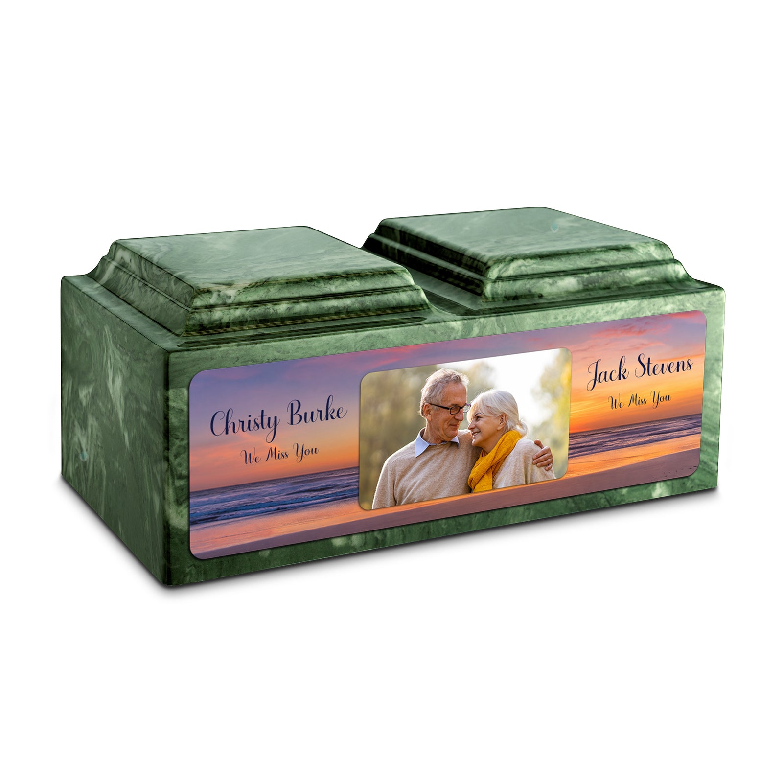 Adult Companion Custom Ocean Sunset Couple Portrait Memorial Emerald Cultured Marble Urns by MacKenzie